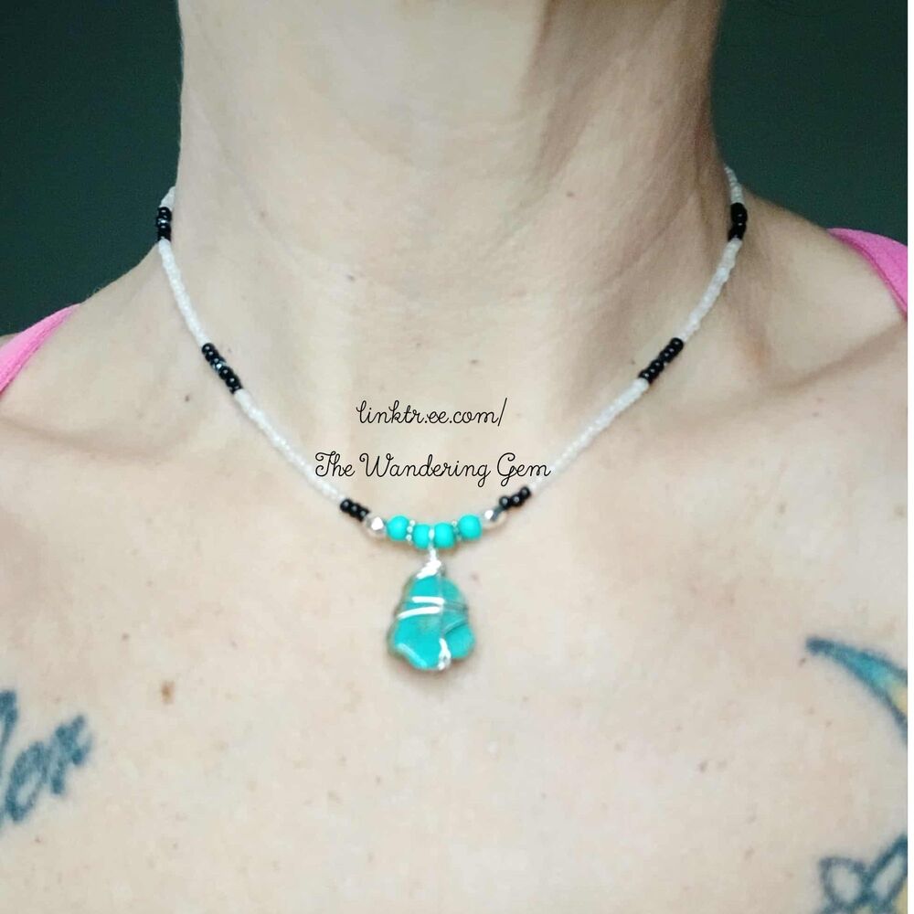 Dainty Turquoise Beaded Choker Necklace, Boho Minimalist Jewelry, 13" - Picture 7 of 7
